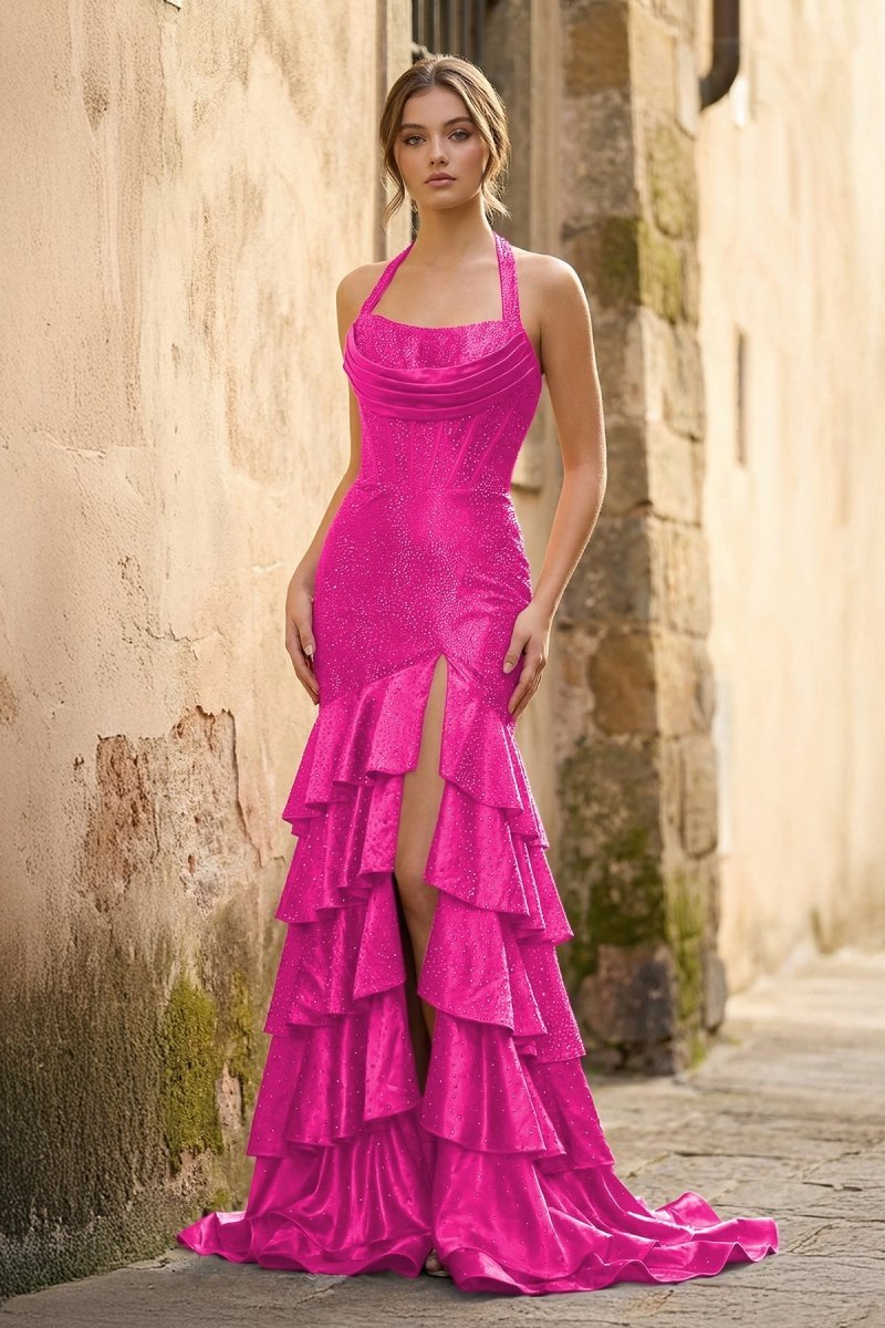Red Halter Mermaid Satin Beaded Long Evening Dress With Ruffles - Curvevia