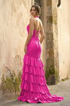Red Halter Mermaid Satin Beaded Long Evening Dress With Ruffles - Curvevia