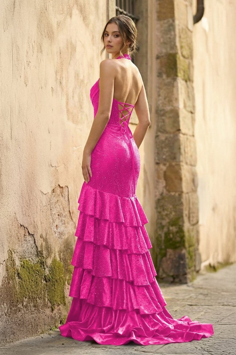 Red Halter Mermaid Satin Beaded Long Evening Dress With Ruffles - Curvevia