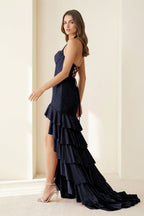 Red Halter Mermaid Satin Beaded Long Evening Dress With Ruffles - Curvevia