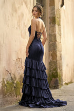 Red Halter Mermaid Satin Beaded Long Evening Dress With Ruffles - Curvevia