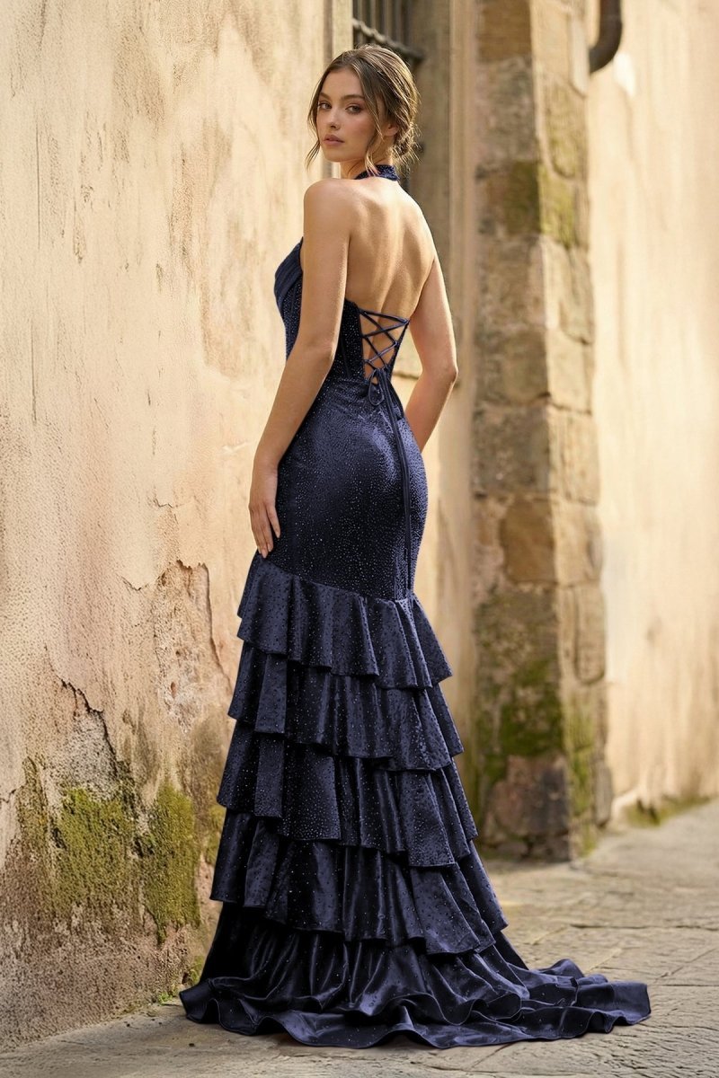 Red Halter Mermaid Satin Beaded Long Evening Dress With Ruffles - Curvevia