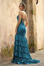 Red Halter Mermaid Satin Beaded Long Evening Dress With Ruffles - Curvevia