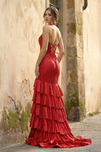Red Halter Mermaid Satin Beaded Long Evening Dress With Ruffles - Curvevia