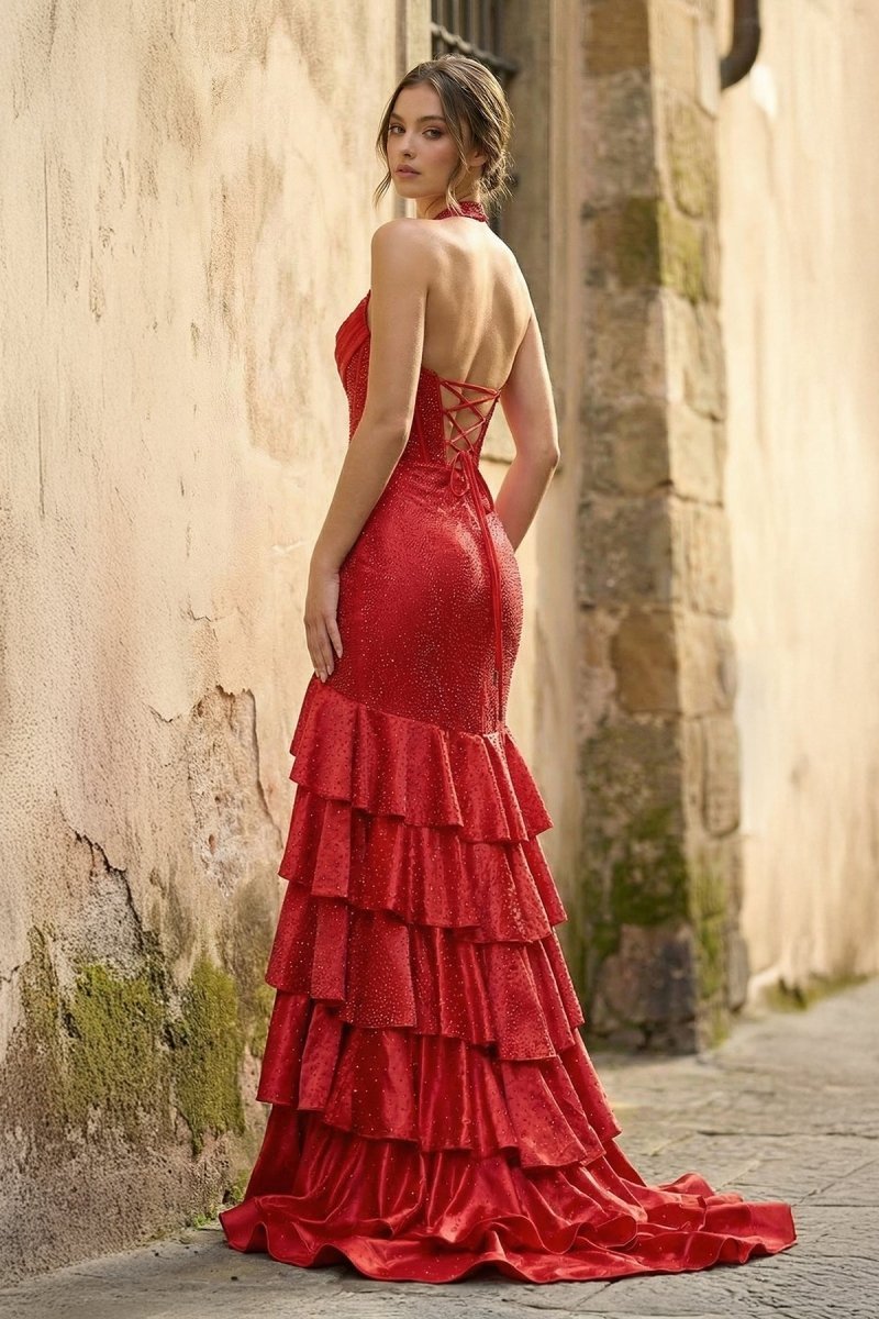 Red Halter Mermaid Satin Beaded Long Evening Dress With Ruffles - Curvevia