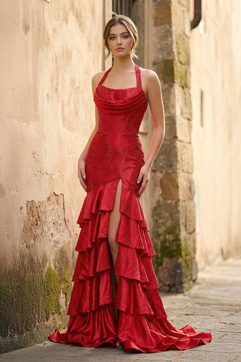 Red Halter Mermaid Satin Beaded Long Evening Dress With Ruffles - Curvevia