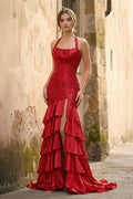 Red Halter Mermaid Satin Beaded Long Evening Dress With Ruffles - Curvevia