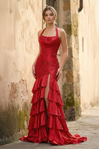 Red Halter Mermaid Satin Beaded Long Evening Dress With Ruffles - Curvevia