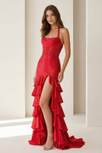 Red Halter Mermaid Satin Beaded Long Evening Dress With Ruffles - Curvevia