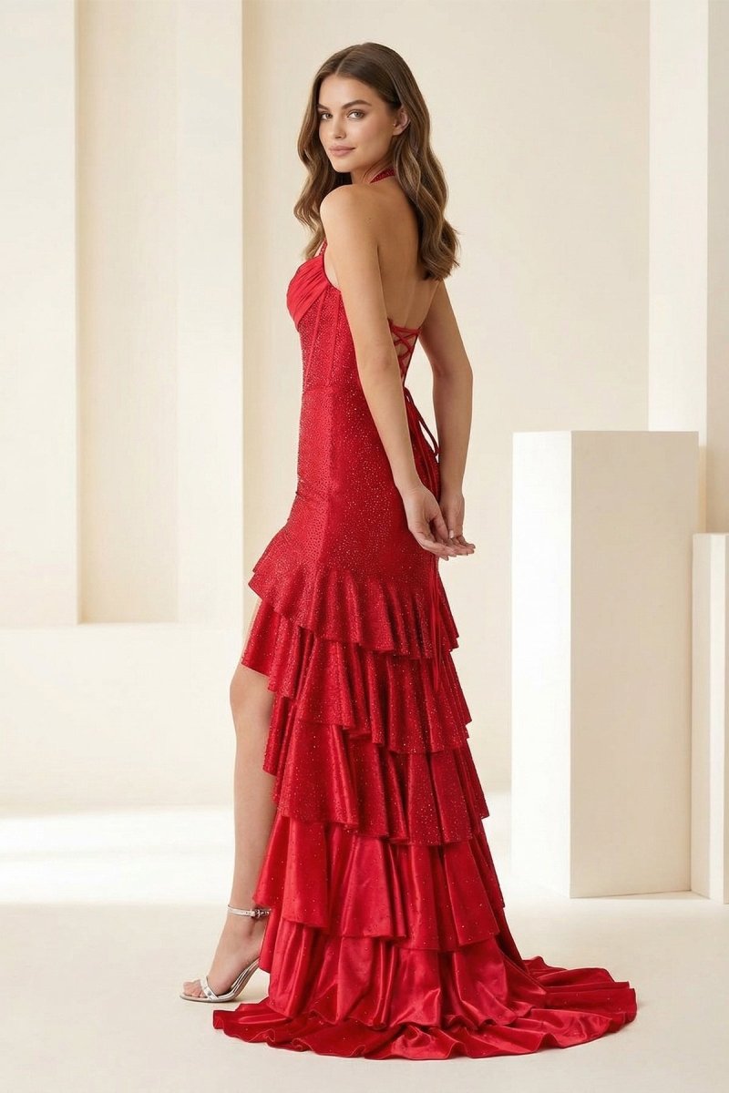 Red Halter Mermaid Satin Beaded Long Evening Dress With Ruffles - Curvevia