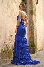 Red Halter Mermaid Satin Beaded Long Evening Dress With Ruffles - Curvevia