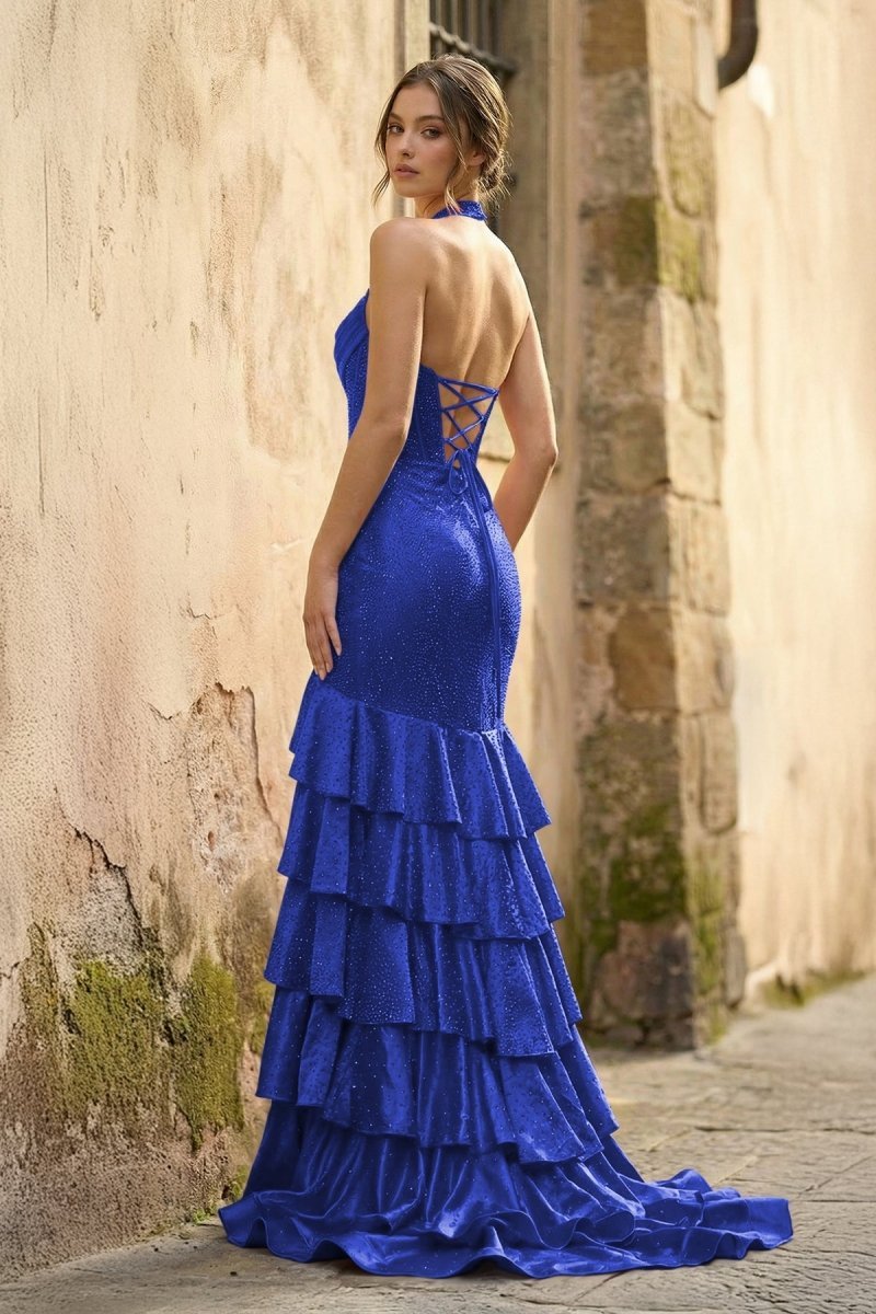 Red Halter Mermaid Satin Beaded Long Evening Dress With Ruffles - Curvevia