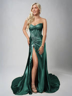 Mermaid Gold Strapless Satin Corset Long Evening Dress with Slit - Curvevia