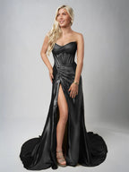 Mermaid Gold Strapless Satin Corset Long Evening Dress with Slit - Curvevia