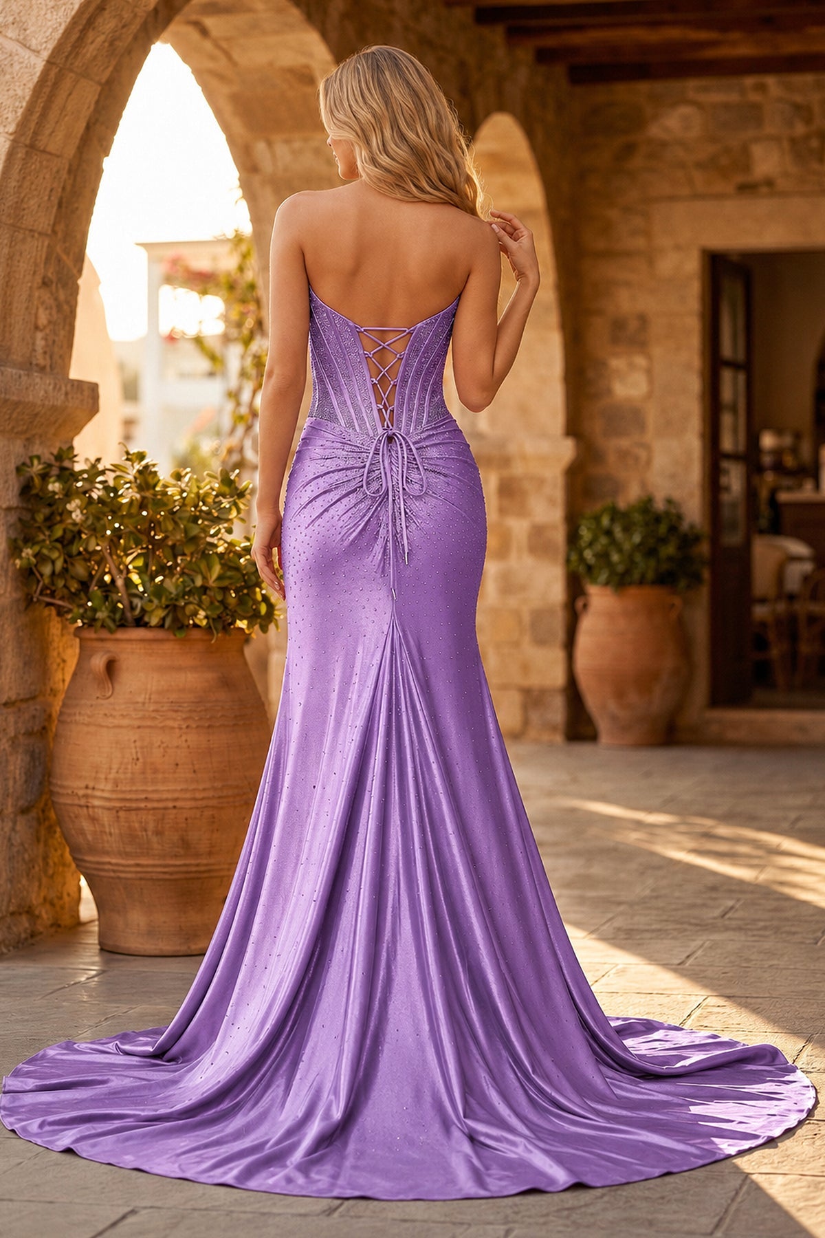 Mermaid Gold Strapless Satin Corset Long Evening Dress with Slit - Curvevia