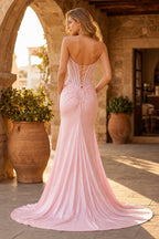 Mermaid Gold Strapless Satin Corset Long Evening Dress with Slit - Curvevia