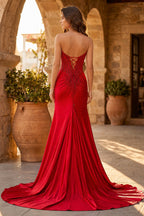 Mermaid Gold Strapless Satin Corset Long Evening Dress with Slit - Curvevia