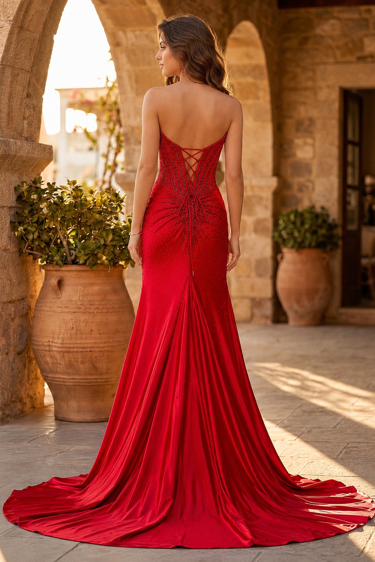 Mermaid Gold Strapless Satin Corset Long Evening Dress with Slit - Curvevia