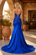 Mermaid Gold Strapless Satin Corset Long Evening Dress with Slit - Curvevia