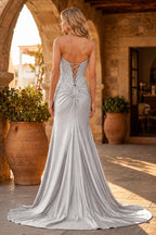 Mermaid Gold Strapless Satin Corset Long Evening Dress with Slit - Curvevia