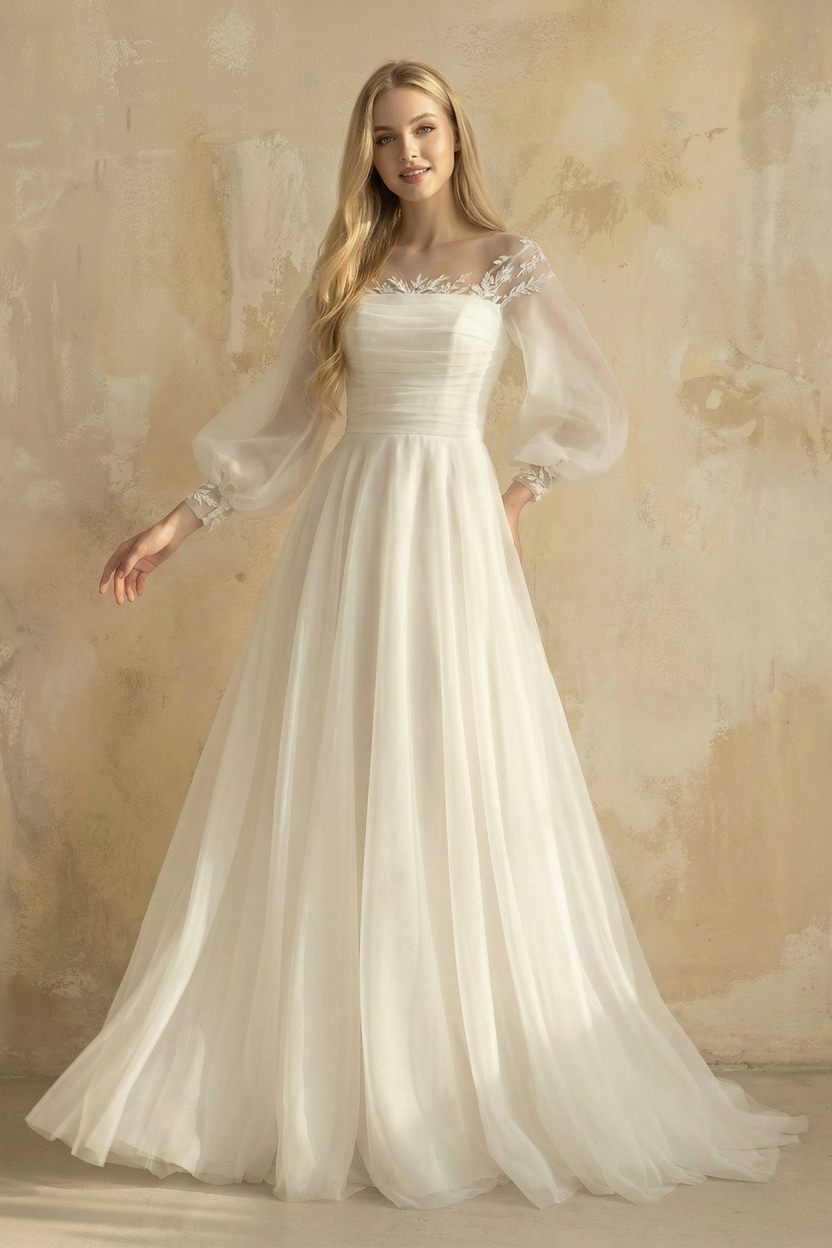 Elegant Simple Beach A-Line Lace Organza Floor Zipper Low-V BackWedding Dress with Sheer Sleeve - Curvevia
