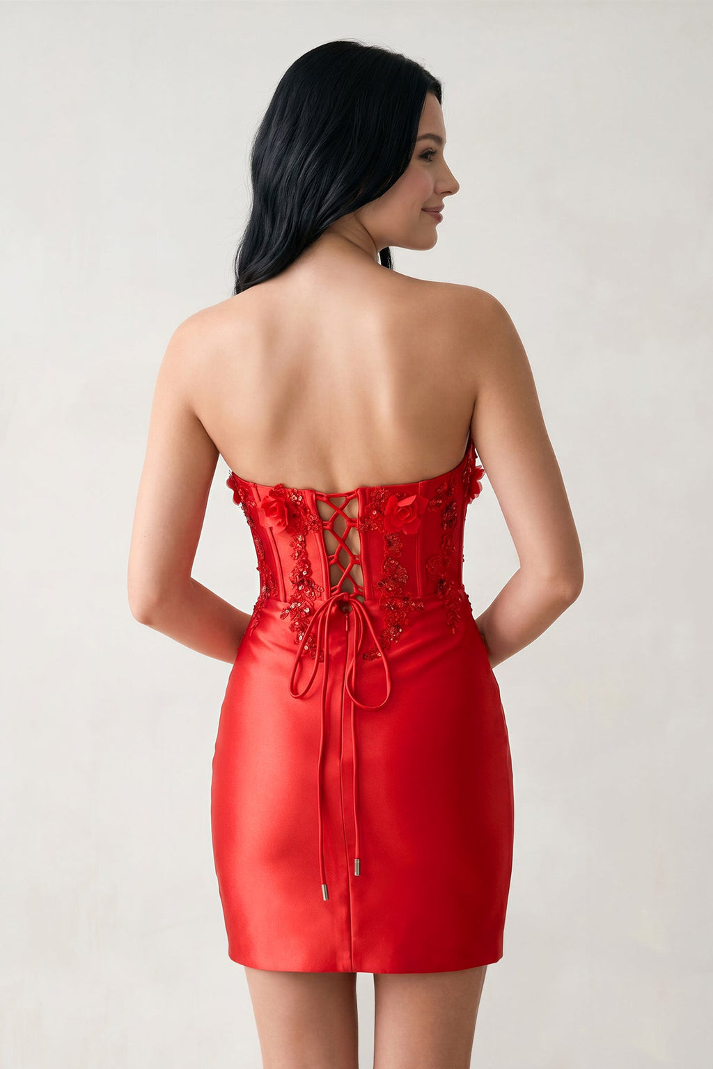 Red Strapless Bodycon Satin Sequins Mini Homecoming Dresses With Appliques - Curvevia