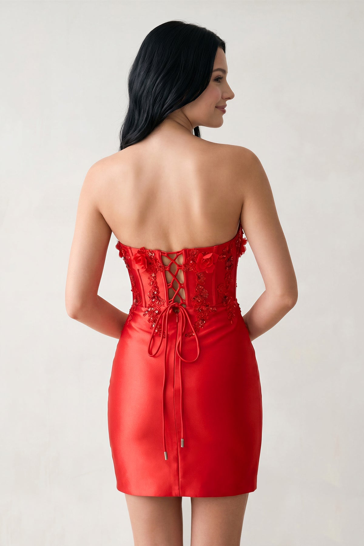 Red Strapless Bodycon Satin Sequins Mini Homecoming Dresses With Appliques - Curvevia