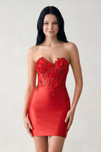 Red Strapless Bodycon Satin Sequins Mini Homecoming Dresses With Appliques - Curvevia