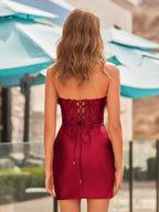 Red Strapless Bodycon Satin Sequins Mini Homecoming Dresses With Appliques - Curvevia