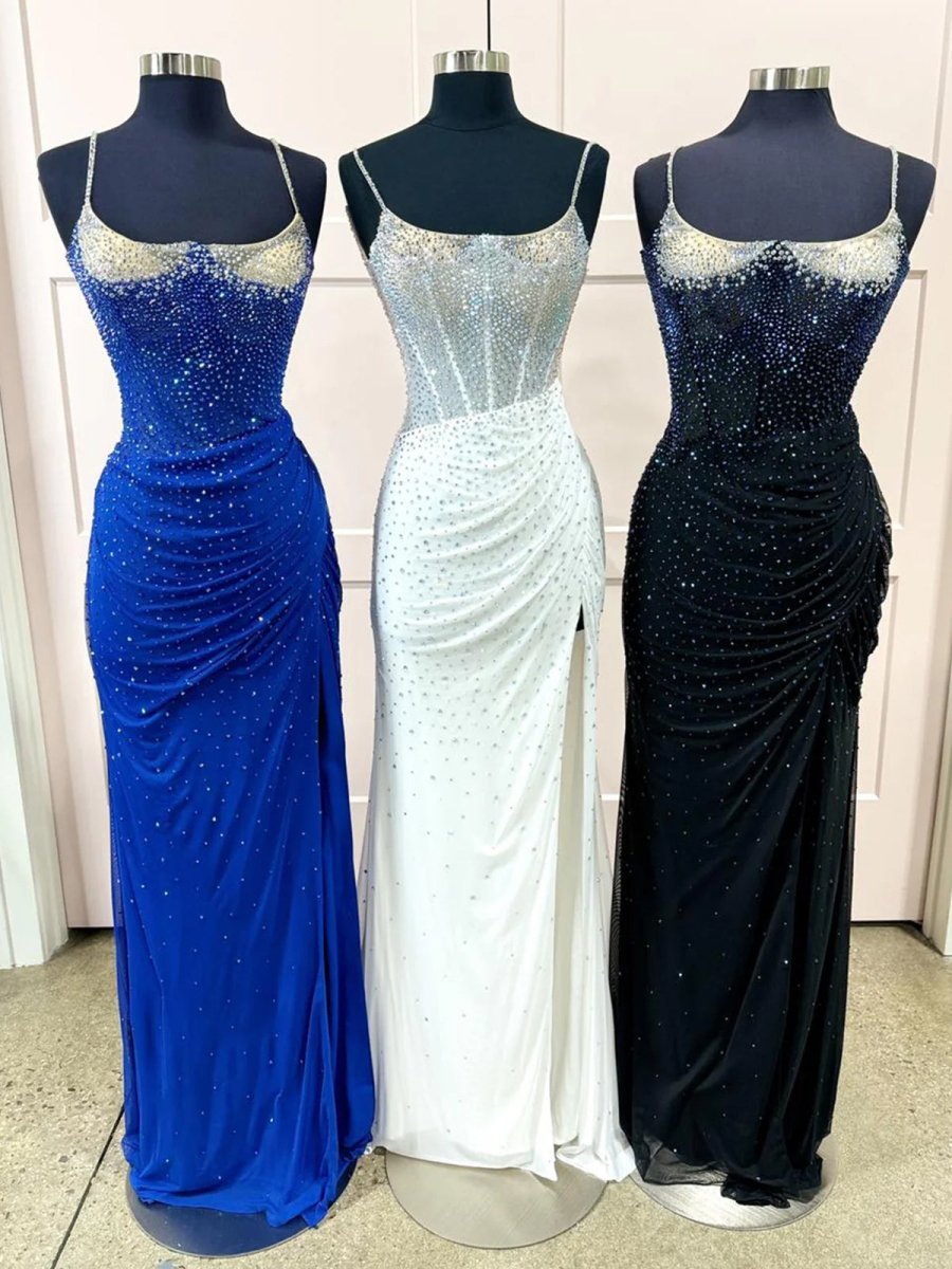 Spaghetti Straps Beaded Mermaid Evening Dress with Slit - Curvevia