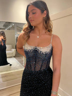 Spaghetti Straps Beaded Mermaid Evening Dress with Slit - Curvevia