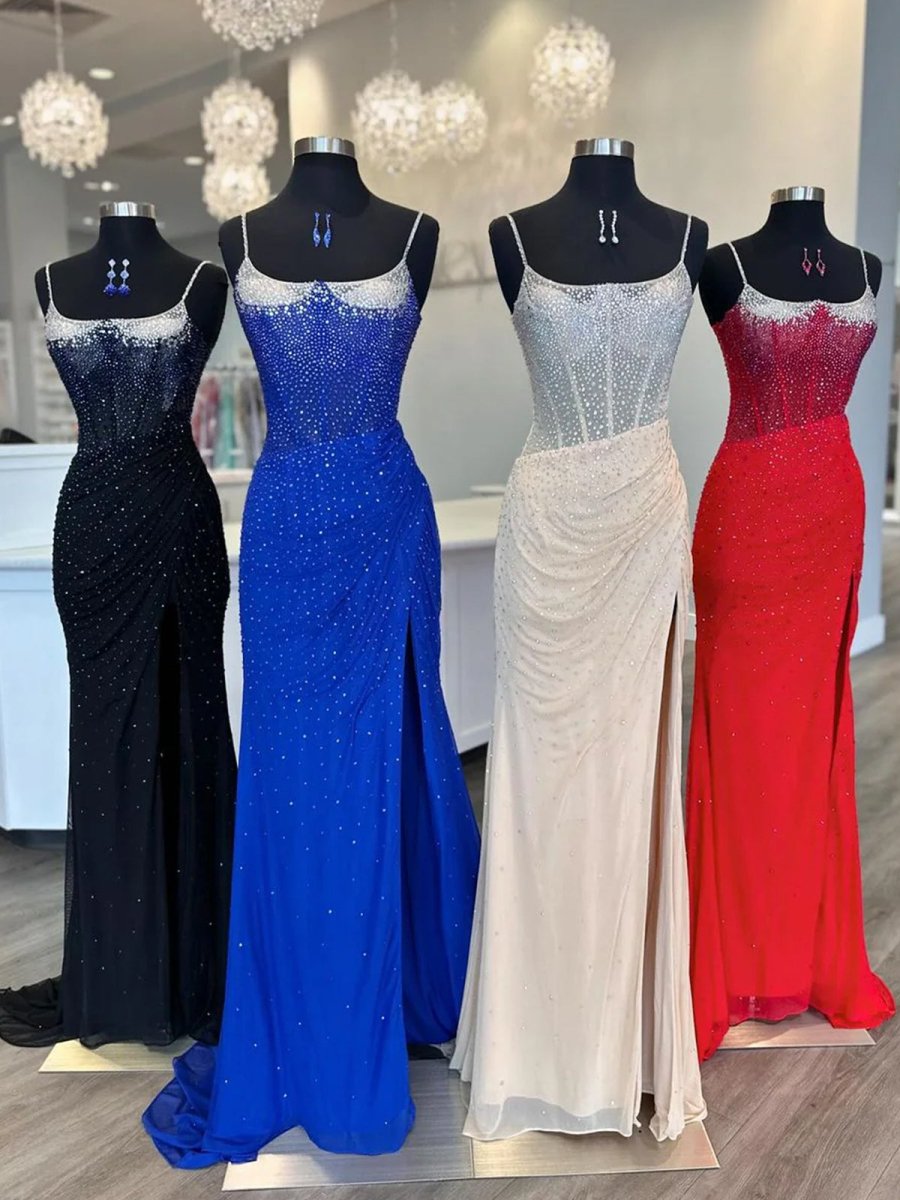 Spaghetti Straps Beaded Mermaid Evening Dress with Slit - Curvevia