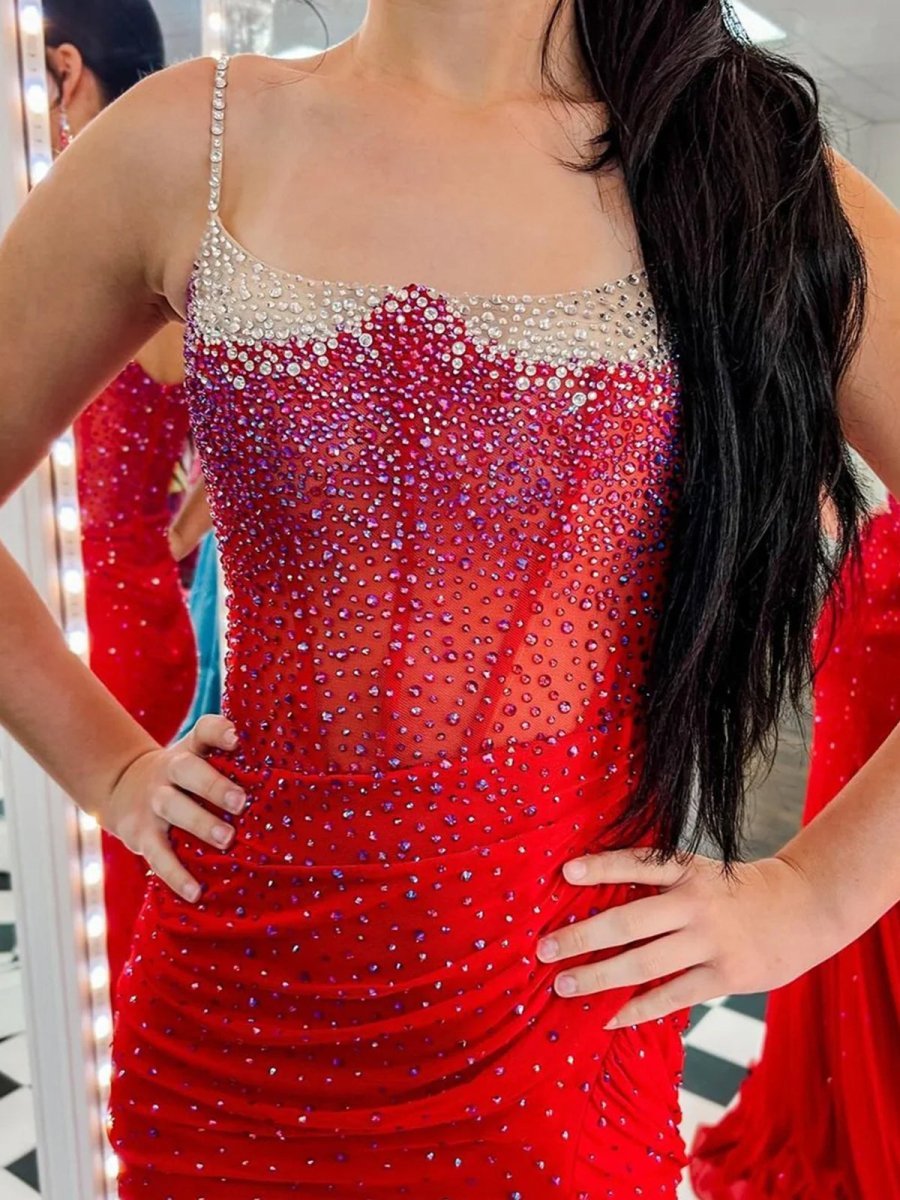 Spaghetti Straps Beaded Mermaid Evening Dress with Slit - Curvevia