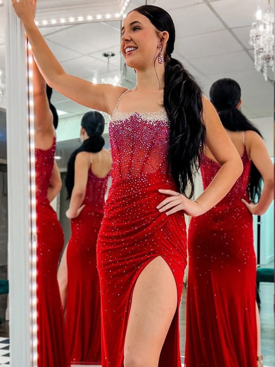 Spaghetti Straps Beaded Mermaid Evening Dress with Slit - Curvevia