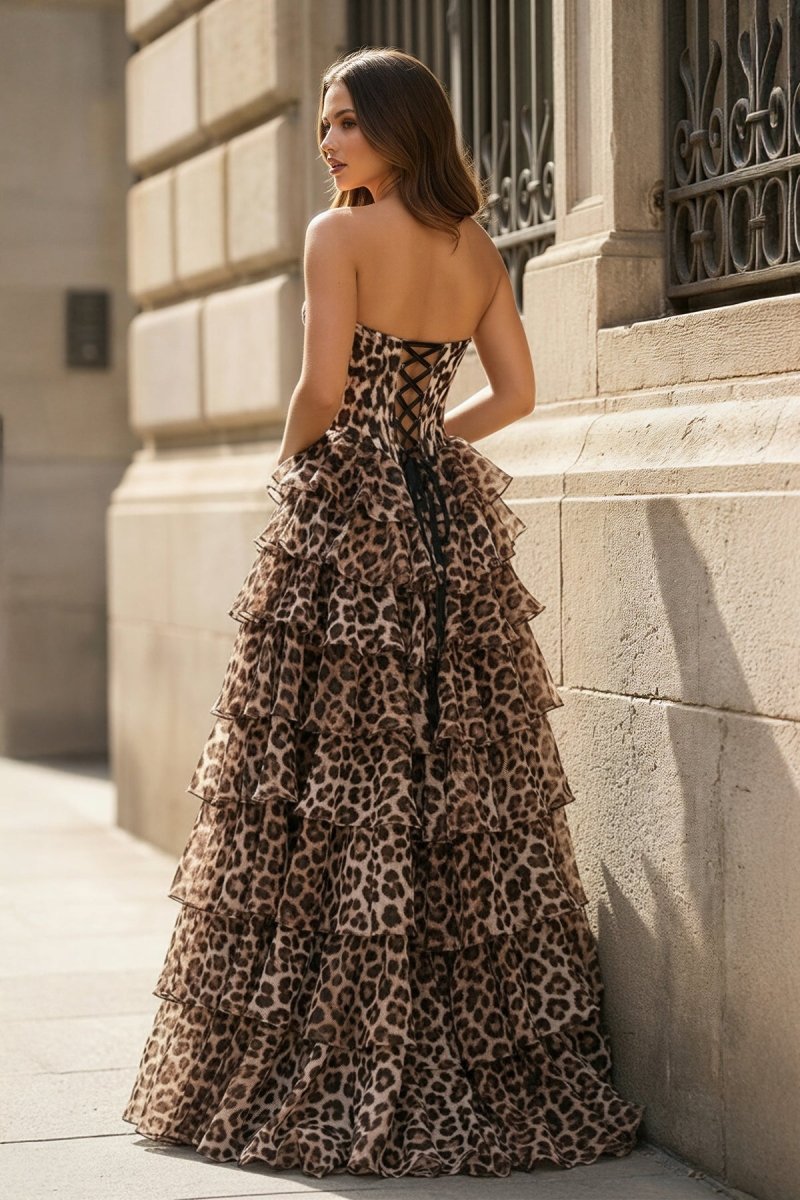 Leopard Sweetheart A Line Chiffon Ruffled Long Prom Dresses With Appliques - Curvevia