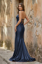 Lilac Halter Mermaid Beaded Long Evening Dress With Slit - Curvevia