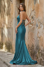 Lilac Halter Mermaid Beaded Long Evening Dress With Slit - Curvevia