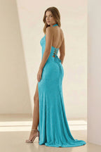 Lilac Halter Mermaid Beaded Long Evening Dress With Slit - Curvevia