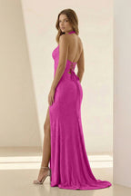 Lilac Halter Mermaid Beaded Long Evening Dress With Slit - Curvevia