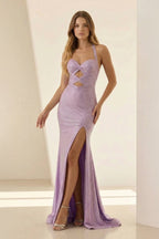 Lilac Halter Mermaid Beaded Long Evening Dress With Slit - Curvevia