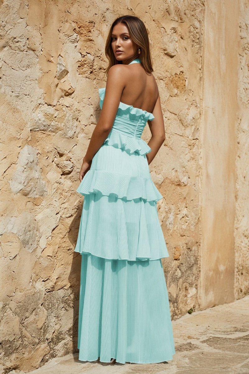 Sky Blue Halter Sheath Pleated Chiffon Long Prom Dresses With Ruffles - Curvevia