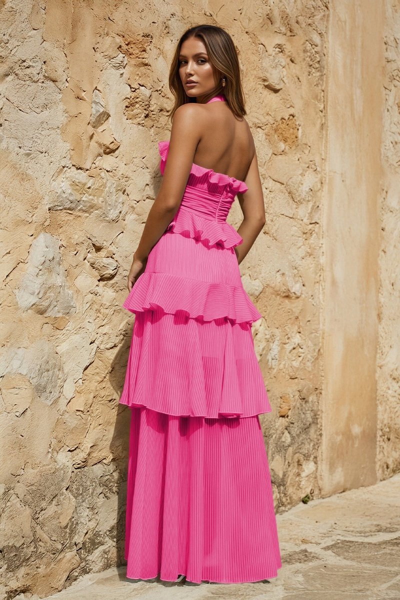Sky Blue Halter Sheath Pleated Chiffon Long Prom Dresses With Ruffles - Curvevia