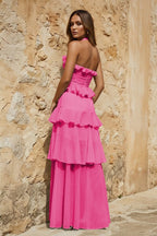 Sky Blue Halter Sheath Pleated Chiffon Long Prom Dresses With Ruffles - Curvevia