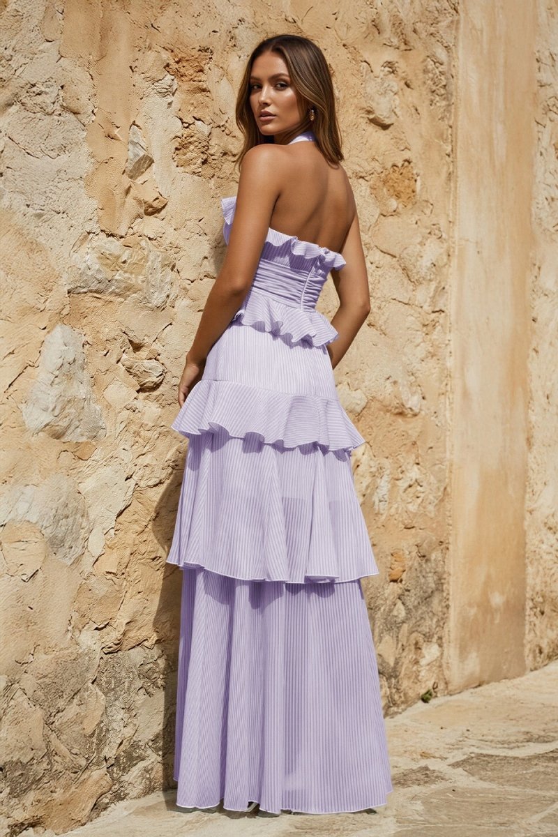 Sky Blue Halter Sheath Pleated Chiffon Long Prom Dresses With Ruffles - Curvevia