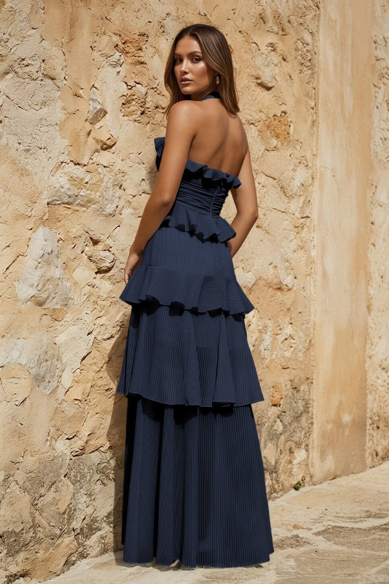 Sky Blue Halter Sheath Pleated Chiffon Long Prom Dresses With Ruffles - Curvevia