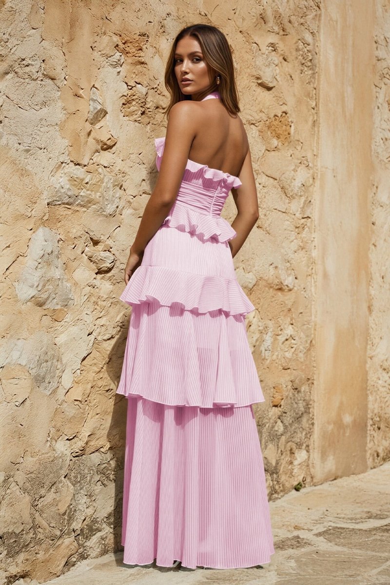 Sky Blue Halter Sheath Pleated Chiffon Long Prom Dresses With Ruffles - Curvevia