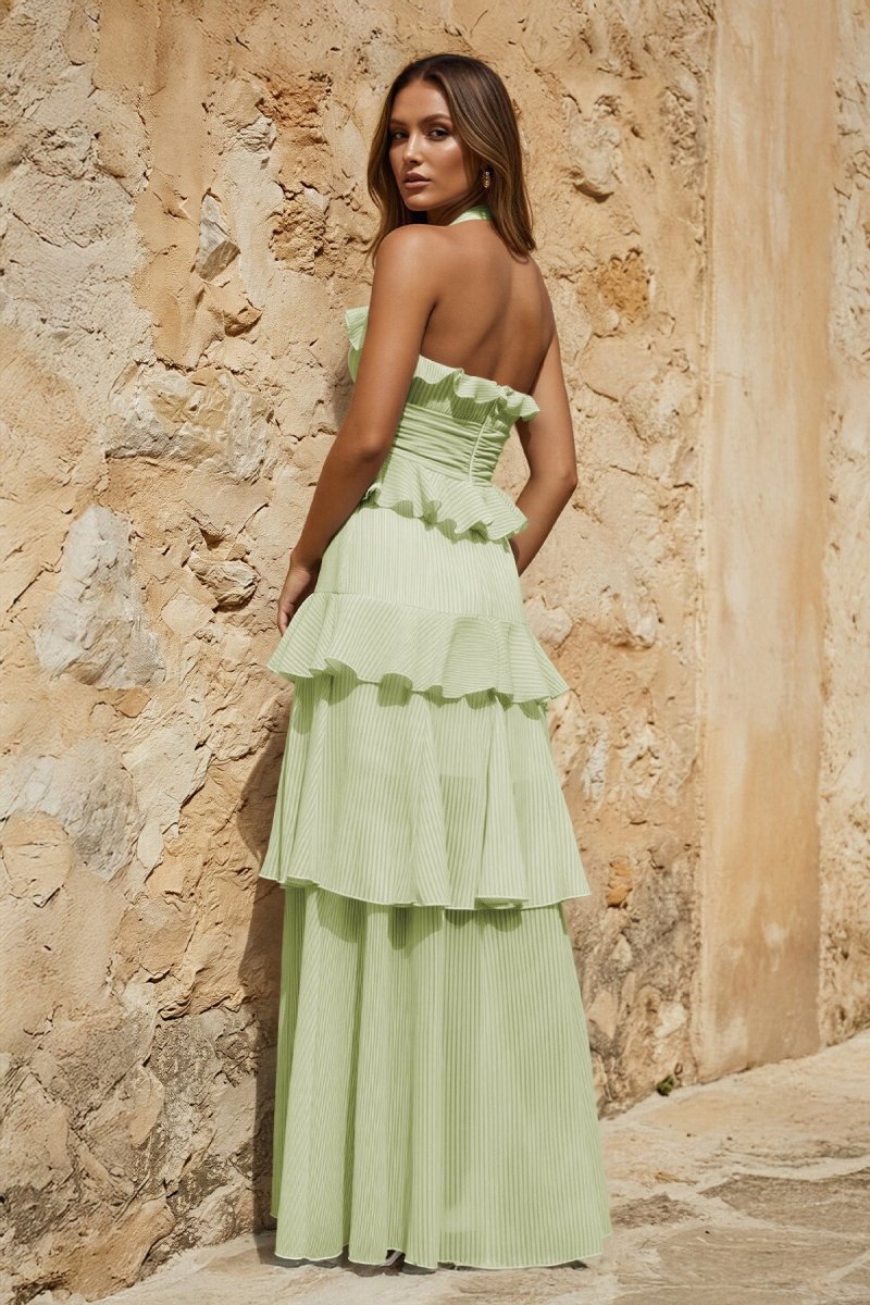 Sky Blue Halter Sheath Pleated Chiffon Long Prom Dresses With Ruffles - Curvevia