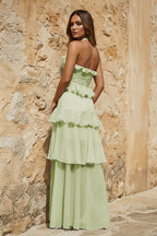 Sky Blue Halter Sheath Pleated Chiffon Long Prom Dresses With Ruffles - Curvevia