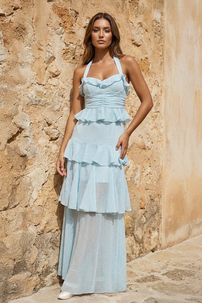 Sky Blue Halter Sheath Pleated Chiffon Long Prom Dresses With Ruffles - Curvevia