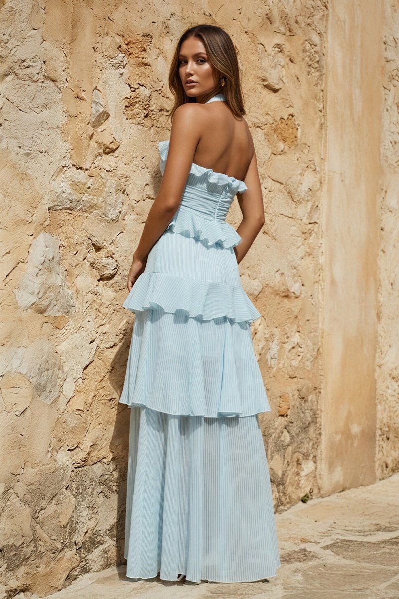 Sky Blue Halter Sheath Pleated Chiffon Long Prom Dresses With Ruffles - Curvevia